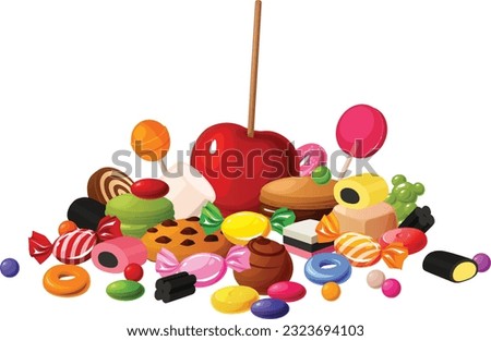 Cute vector illustration of various kinds of mixed candy, gummy, licorice, chocolate and cookies. Royalty-Free Stock Photo #2323694103