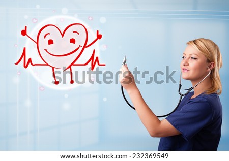 Attractive young doctor with happy red smiling heart