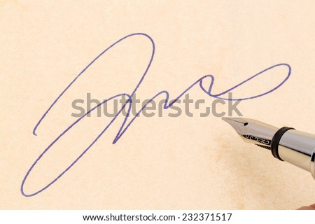 a signature and a fountain pen on yellow paper. photo icon for contract testament and graphology