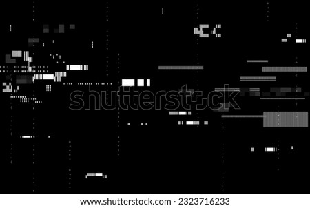 Glitch digital video. Futuristic distortion effect. Video problem with pixel noise. Distorted white shapes and lines. Bad signal visualization. Vector illustration. Royalty-Free Stock Photo #2323716233