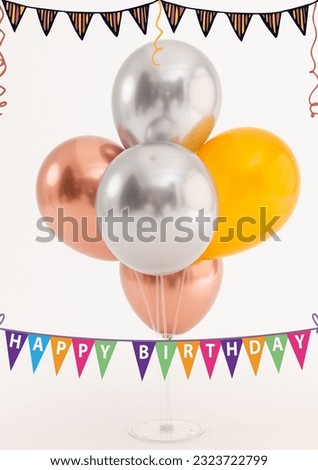 Composite of happy birthday text with colorful buntings and balloons on white background, copy space. Greeting, birthday card, celebration, wishing, event, template, art, poster and design concept.