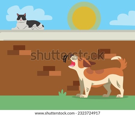 dog barking at a cat that is on top of a fence. vector illustration. Royalty-Free Stock Photo #2323724917
