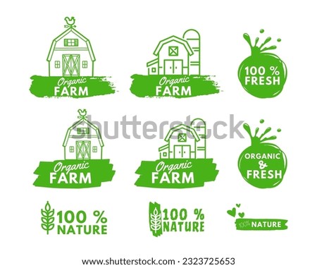Set of healthy, organic, fresh, 100 percent, natural food. Natural product. Collection of emblem cafe, badges, tags, packaging. Vector illustration.