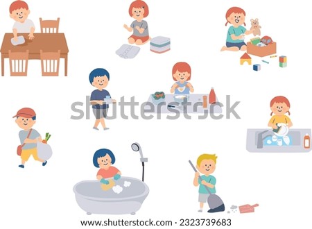 Clip art set of child helping with housework