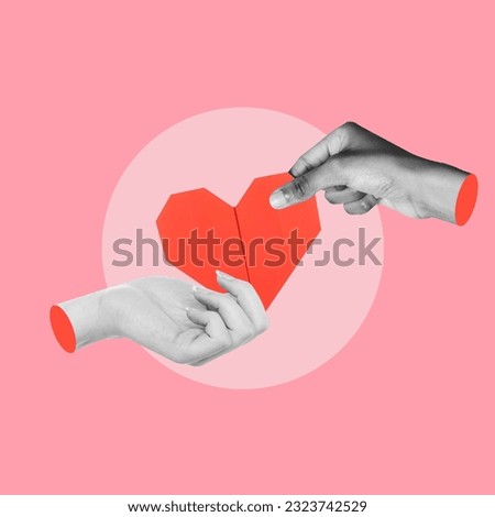 love in a couple, hand with heart, hands of a couple, paper heart, heart origami, commitment in a couple, mutual love, taking heart, day of love, collage art, photo collage Royalty-Free Stock Photo #2323742529