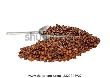 Coffee beans spread over the surface on white background in concept isolated picture style.