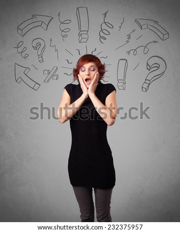 Cute young girl with question sign doodles on gradient background