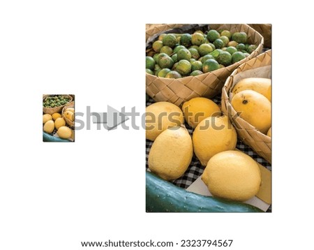 Example of AI Photo upscaling technology - A small picture of a fruits on the left, and 4x enlarged version on the right. Image Upscaler app.