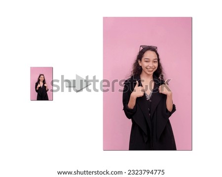 Example of AI Photo upscaling technology - A small picture of a young woman on the left, and 4x enlarged version on the right. Image Upscaler app.