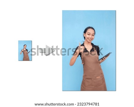 Example of AI Photo upscaling technology - A small picture of a young woman on the left, and 4x enlarged version on the right. Image Upscaler app.