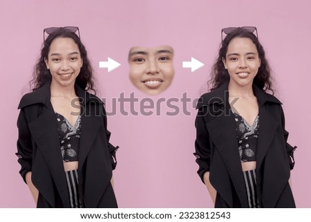 Example of AI Face swap or deepfake technology. Replacing a face in an image with that of another person seamlessly. Visualization of process.