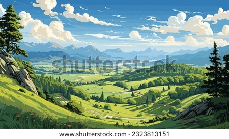 Beautiful landscape. Small river. Mountains on the horizon. Green meadow. Forest. Clear sky. Bright warm colors. The beauty of the nature. Landscape work of art. Vector illustration design. Royalty-Free Stock Photo #2323813151