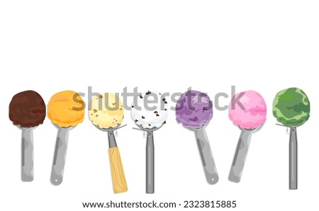 Vector set of different colored ice cream scoops in waffle cones with chocolate, vanilla, cookies, blueberry, strawberry, and green tea with ice cream scoop. Isolated illustration. Royalty-Free Stock Photo #2323815885