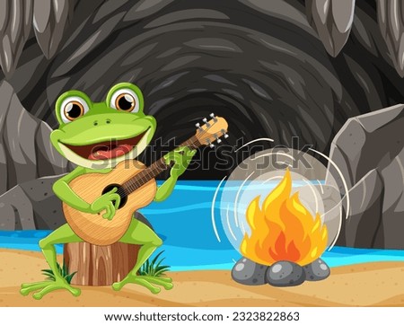 Green Frog Playing Guitar in the Cave Scene illustration