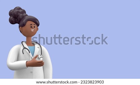 3D illustration of Female Doctor Juliet  showing hand at direction. Portraits of cartoon characters standing man pointing finger,Medical presentation clip art isolated on blue background.
