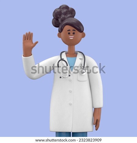 3D illustration of Female Doctor Juliet waving hand. Portraits of cartoon characters smiling businessman saying hello,Medical presentation clip art isolated on blue background.
