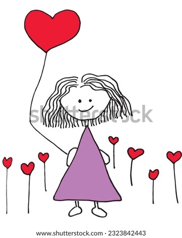 Girl with baloon sign illustration image. 
Hand drawn image artwork of a girl. 
Simple cute original logo.
Hand drawn vector illustration for posters, cards, t-shirts.