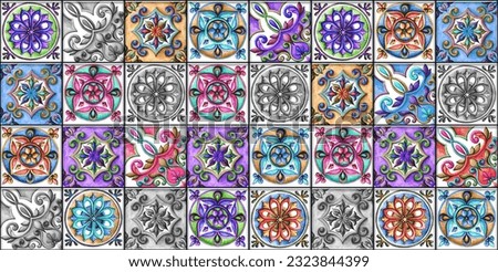 ceramic tiles with floral and geometric pattern for wall and floor decoration. Old concrete stone surface background. Vintage texture with ornaments for interior design project.
