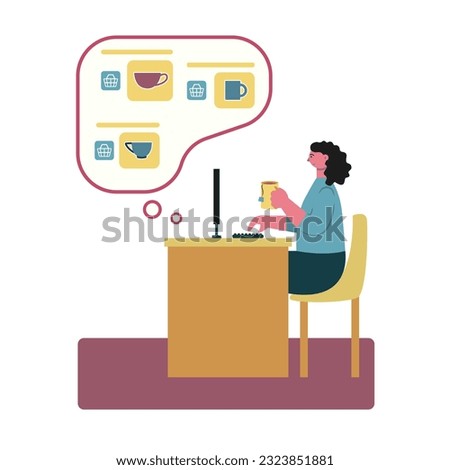 Lady choosing cups in different stores. Customer order products at discount, use website. Women buy and pay online store website. Flat vector illustration in blue and purple colors