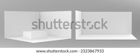 3d booth stand for trade show. Blank room mockup with white walls, floor and table in front and corner view. Empty presentation stall for exhibition, vector realistic set Royalty-Free Stock Photo #2323867933