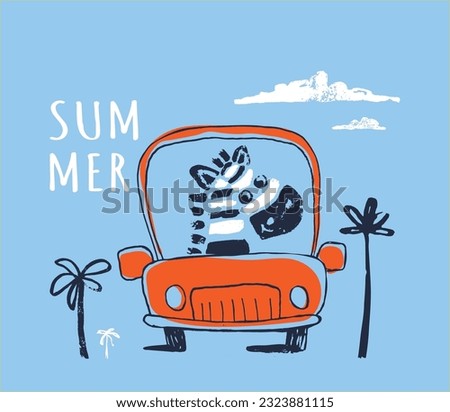 Zebra car funny cool summer t-shirt print design. Road trip on cabriolet automobile. Slogan. Drive vacation safari animal illustration. Beach travel kids typography nursery poster Adorable holiday