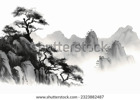 Abstract artistic background. Vector landscape painting, Chinese style, mood landscape painting, golden texture. Ink landscape painting. modern Art. Prints, wallpapers, posters, murals, carpets Royalty-Free Stock Photo #2323882487