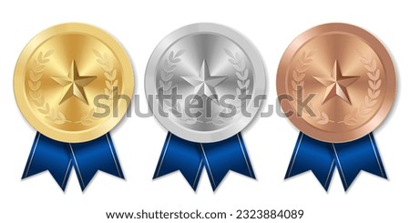 Golden silver and bronze award sport medal with blue ribbons and star