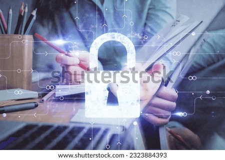 Multi exposure of woman's hands making notes with lock icon. Concept of security and protection of data