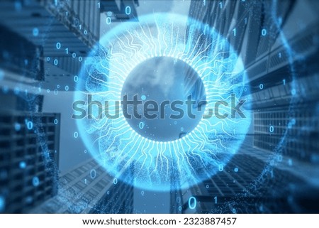 Abstract digital blue eye iris on blurry toned city background. Technology and vision concept. Double exposure