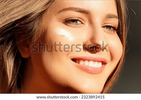 Beauty, suntan spf and skincare cosmetics model face portrait, woman with moisturising cream, sunscreen product or sun tan lotion on her cheek, luxury facial and skin care ad Royalty-Free Stock Photo #2323892415