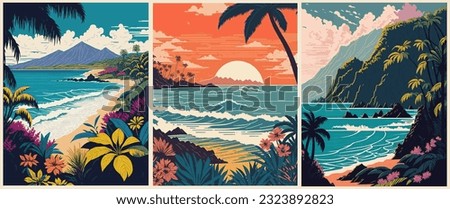 Set of Hawaii Travel Posters in retro style. Exotic Tropical ocean beach landscape vintage prints. Summer vacation, holidays concept. Vector colorful art illustrations.