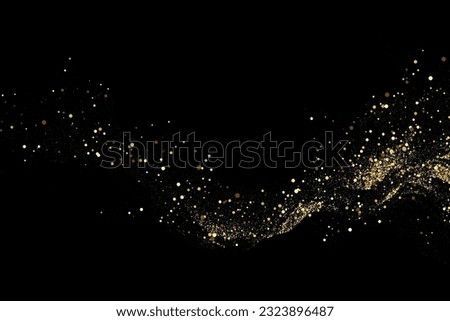 Abstract golden wavy design element with glitter effect on dark background.Gold glitters flow wave. Royalty-Free Stock Photo #2323896487