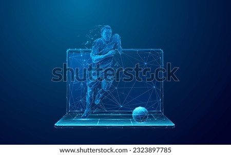 Abstract Soccer Player Runs Out of the Laptop Screen. Cyber sport or Sports Betting futuristic concept. Digital Football Player on Mobile Computer in Low Poly Wireframe Style on Dark Blue Background.