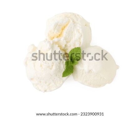 Scoops of delicious vanilla ice cream with mint isolated on white, top view