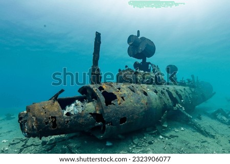 Destroyed submarine under water. Marine failed technology concept