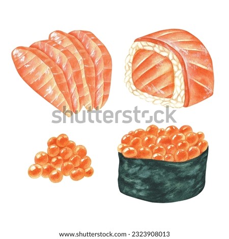 Sushi set with salmon and gunkan with red caviar. Watercolor illustration. Asian, Japanese, Korean cuisines.Healthy hand drawn food. Clip art isolated on a white background