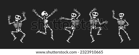 Skeletons dancing with different positions flat style design vector illustration set. Funny dancing Halloween or Day of the dead skeletons collection. Creepy, scary human bones characters silhouettes. Royalty-Free Stock Photo #2323910665