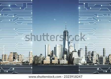 Abstract virtual micro chip hologram on New York cityscape background, artificial intelligence and machine learning concept. Multi exposure