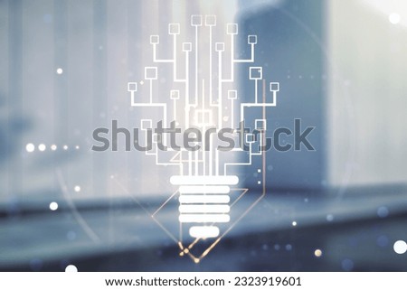 Virtual creative idea concept with light bulb and microcircuit illustration on blurry modern office building background. Neural networks and machine learning concept. Multiexposure