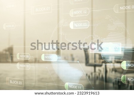 Abstract virtual coding concept and world map hologram on a modern conference room background. Multiexposure