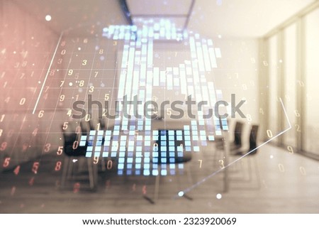 Virtual Bitcoin sketch on a modern coworking room background. Double exposure