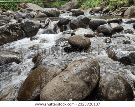 River water flows between the rocks in the forest.  Peaceful outdoor scene.