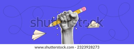 Halftone collage hand holding a pencil. Banner with education conception. Back to school. Contemporary vector illustration.