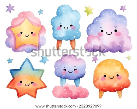 Collection of Cute rainbow clipart with cartoon style watercolor stars and cloud character set