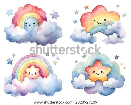 Collection of Cute rainbow clipart with cartoon style watercolor stars and cloud character set