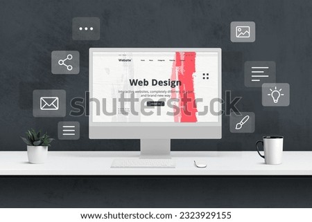 Experience creative web design studio presentation, featuring a computer display encircled by web icons, all showcased on a white office desk