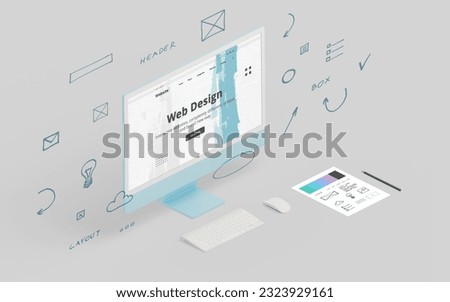 Web development and design services, showcased on a vivid blue computer display. Transform ideas, icons into captivating websites Royalty-Free Stock Photo #2323929161