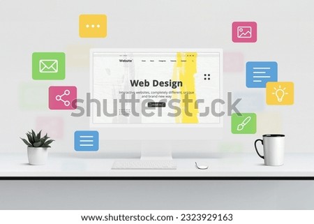 Modern web design studio web page presentation on computer display surrounded by flying web design icons concept Royalty-Free Stock Photo #2323929163