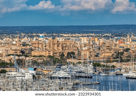 Scenic view of capital city Palma de Mallorca cityscape. View from Bellver Castle hill to old town centre with cathedral La Seu. Balearic Islands Mallorca Spain.