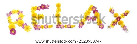 The word RELAX is made of yellow and pink flowers. The floral lettering can be used as poster, greeting card and wellness spa relaxation or for invitation. Real flowers isolated on white background